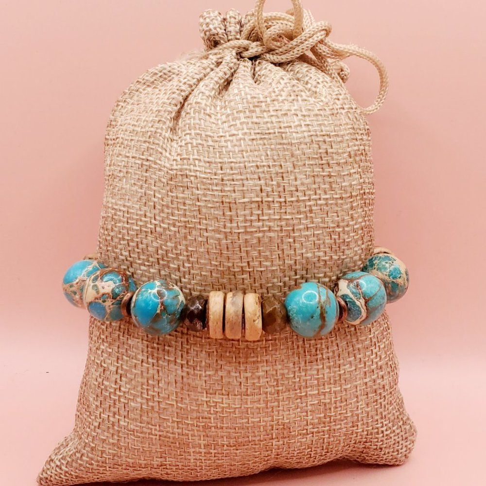 Imperial Jasper, Bronzite, Copper and Coconut Husk Chunky Bracelet - Picture 3 of 5
